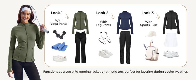 Fisoew Sports Women's Zippered Sports Jacket, Pleated Lightweight Slim Fit  Stand Collar with Thumbhole Pockets,Valentine's Day Gift Recommendations