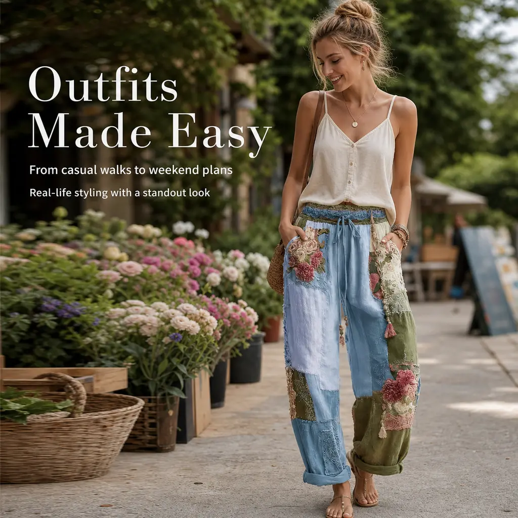 Women's Plus Size Vintage Boho Bottoms - Bohemian Patchwork Floral Print Harem Pants, Drawstring Elastic Waist, Loose Cuffed Casual Jogger Long Pants with Pockets, Comfortable Fit, Adjustable