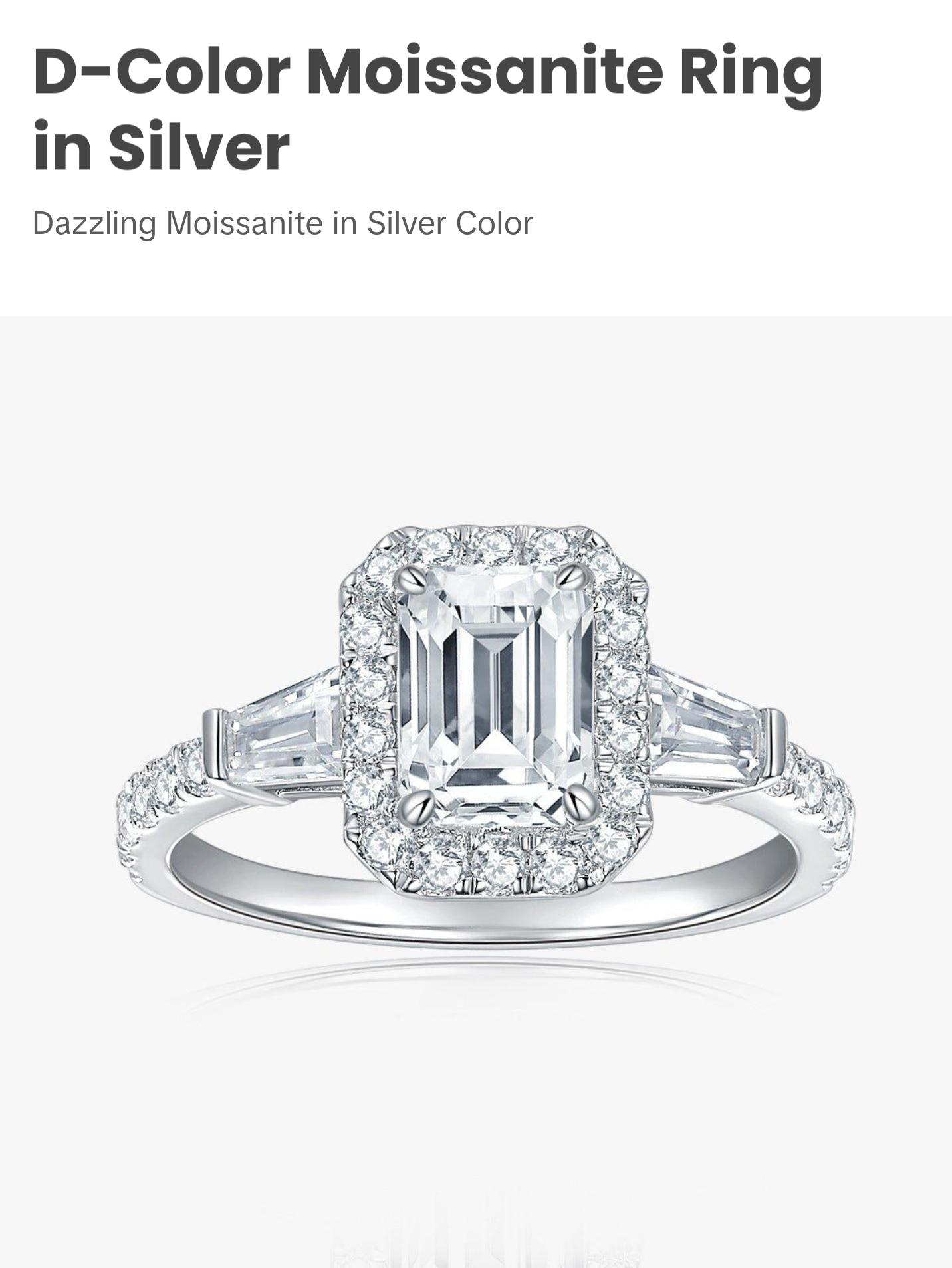 925 Sterling Silver D-color Emerald Cut Moissanite Ring