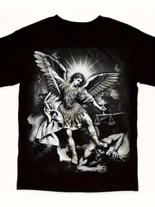 Archangel Michael Defeating Satan T-Shirt for Men - Black Religious Battle Art Graphic Tee, Casual Short Sleeve Round Neck with Dramatic Michael & Satan Print, Loose Fit for Church Events & Everyday Wear, Machine Washable