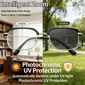 Frameless Smart Zoom Reading Glasses! Auto - adjust +1.00 - 7.00 diopters. Blue light filter for HD eye protection. Unisex design with soft silicone nose pads. Lightweight, stylish, comfortable, durable, and offer precise vision correction.