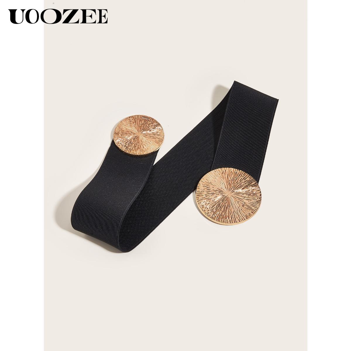 Women's Leopard Print & Gold Circle Belt 2.35 Inch Wide Elastic Waistband for Coats Dresses Suits 27 Inch Length 27-31.5 Inch Waist Circumference Modern Fashion Accessory