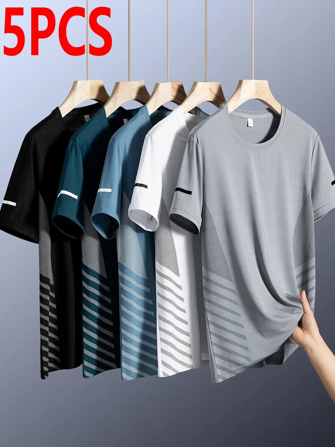 5-Pack Men's Summer Quick-Dry Short Sleeve T-Shirts, Breathable Elastic Round Neck Printed Sport Tops for Running, Gym & Home, Fitness Workout Shirt, Fitness Clothes
