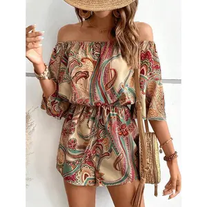 Paisley Print Off Shoulder Knot Front Romper Fabric Fit