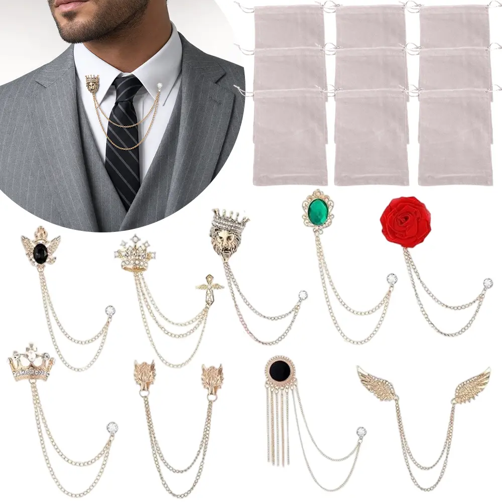 9PCS Tassel Chain Brooch Collar Pins Rose Flower Rhinestone Angel Wings Wolf Head Hanging Chains for Suit Lapel Tuxedo Shirts Tie Hat Scarf Brooch Pin Fashion Jewelry for Men's Accessories