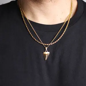Gold Shark Tooth Pendant Necklace & 3mm Rope Chain Set