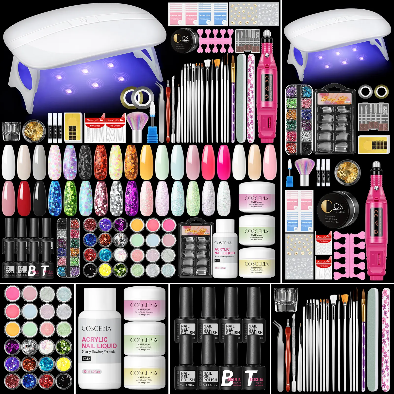COSCELIA Complete Powder & Gel Nail System for Beginners with USB Lamp and Glitter Decorations, Nail Care Beauty Products, Ideal Womens Gifts for Work, Manicure, Gel Nails At Home
