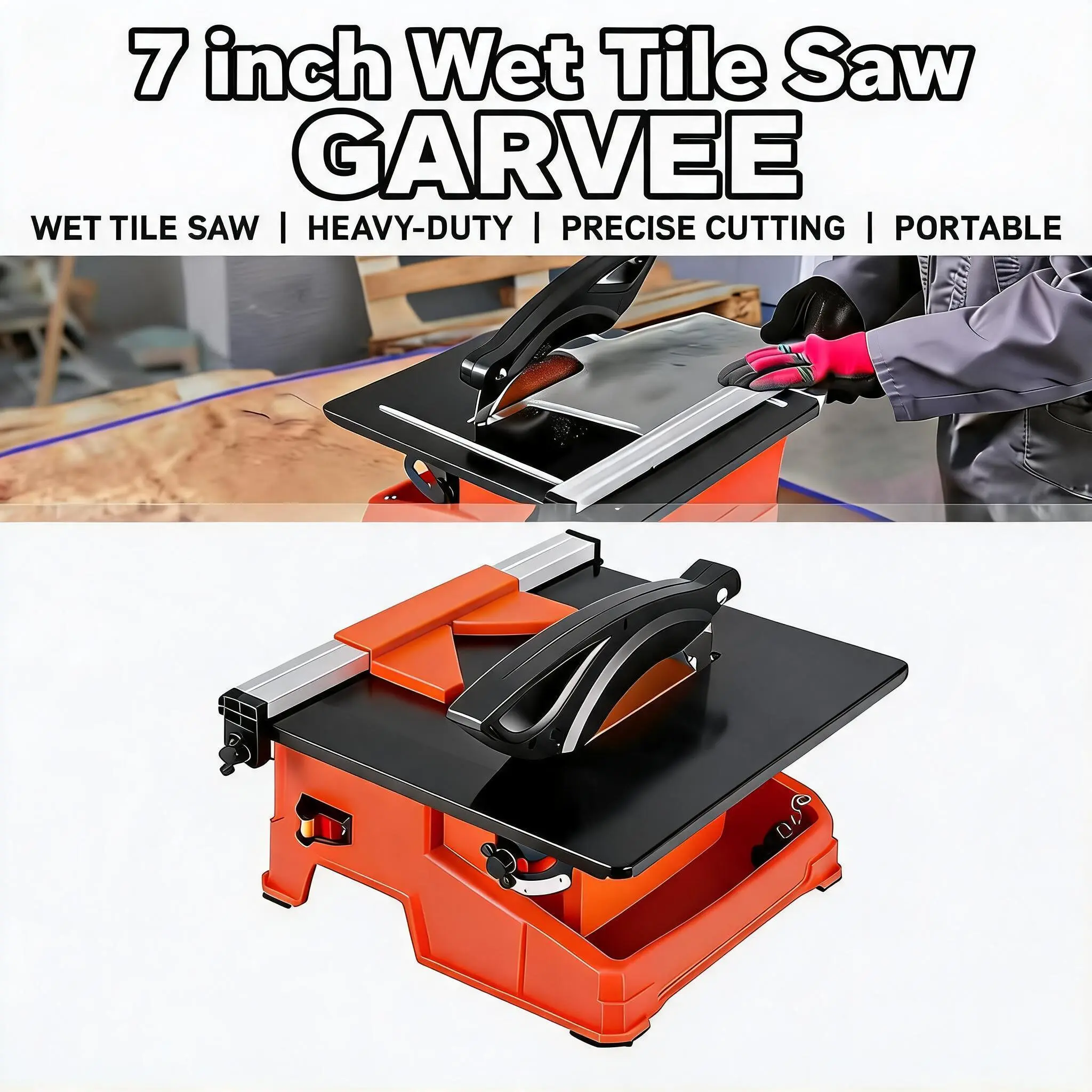 【GARVEE】7 in Wet Tile Saw, 6,500 RPM Copper Motor Tile Cutter with 0-45° Bevel Cutting and Water Reservoir for Ceramic Tile, Porcelain Tile and Stone, DIY Home Projects