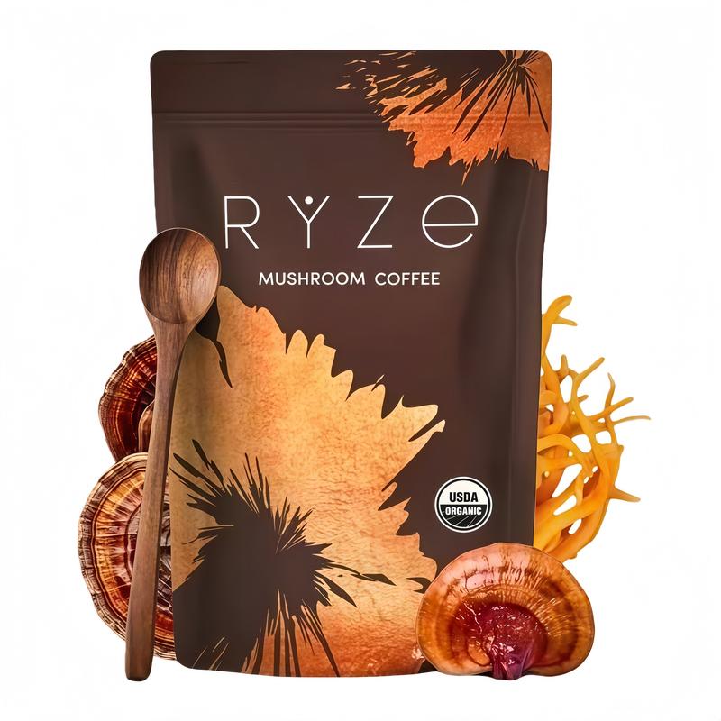 RYZE SUPERFOODS Mushroom Medium Roast Coffee USDA Organic with 6 Adaptogenic Mushrooms, USA Grown Instant Coffee for Better Energy, Focus Digestion Immunity with Lions Mane & Turkey Tail 30 Servings