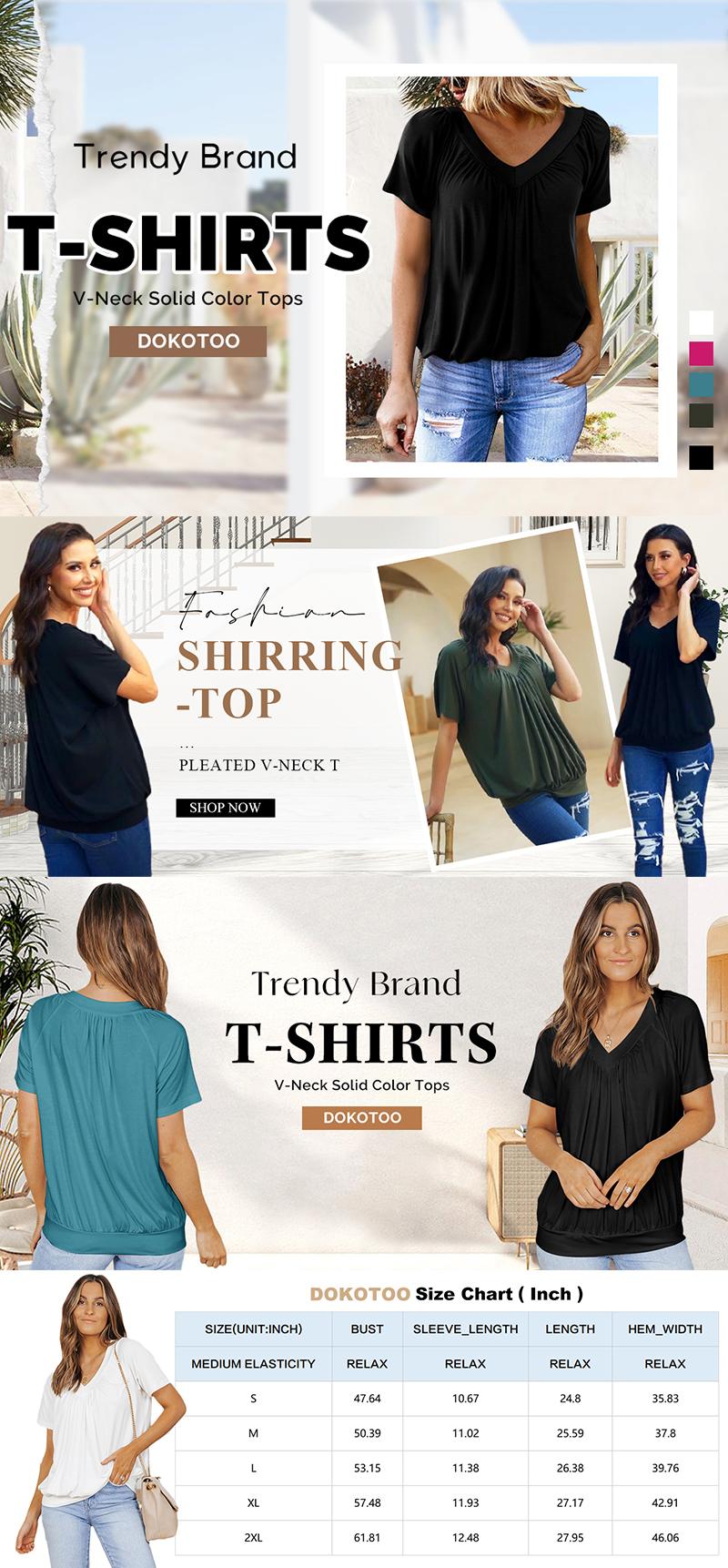 Dokotoo Women's Casual Summer Short Sleeve V Neck Tops T-shirts - Loose Fit & Comfortable Shirring Top