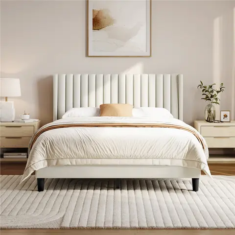 Yaheetech Full/Queen/King Bed Frame Upholstered Platform Bed with Fabric Headboard, Wing Edge Design/Non-Slip and Noise-Free/Wooden Slats Support/No Box Spring Needed/Easy Assembly
