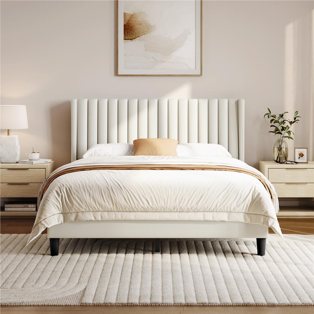 Yaheetech Full/Queen/King Bed Frame Upholstered Platform Bed with Fabric Headboard, Wing Edge Design/Non-Slip and Noise-Free/Wooden Slats Support/No Box Spring Needed/Easy Assembly