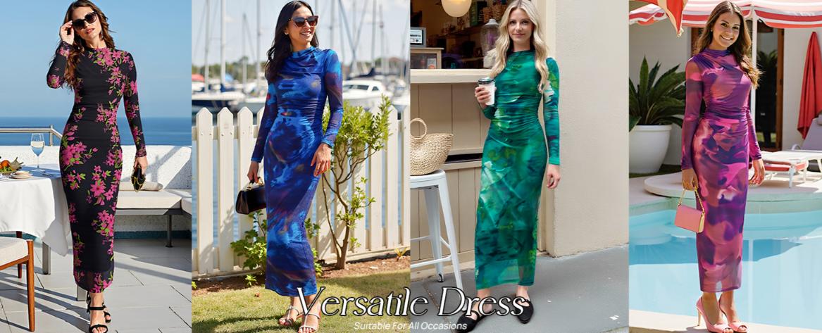 MEROKEETY Women's Long Sleeve Fall Wedding Guest Dress 2025 Bodycon Floral Mesh Ruched Cocktail Maxi Dresses