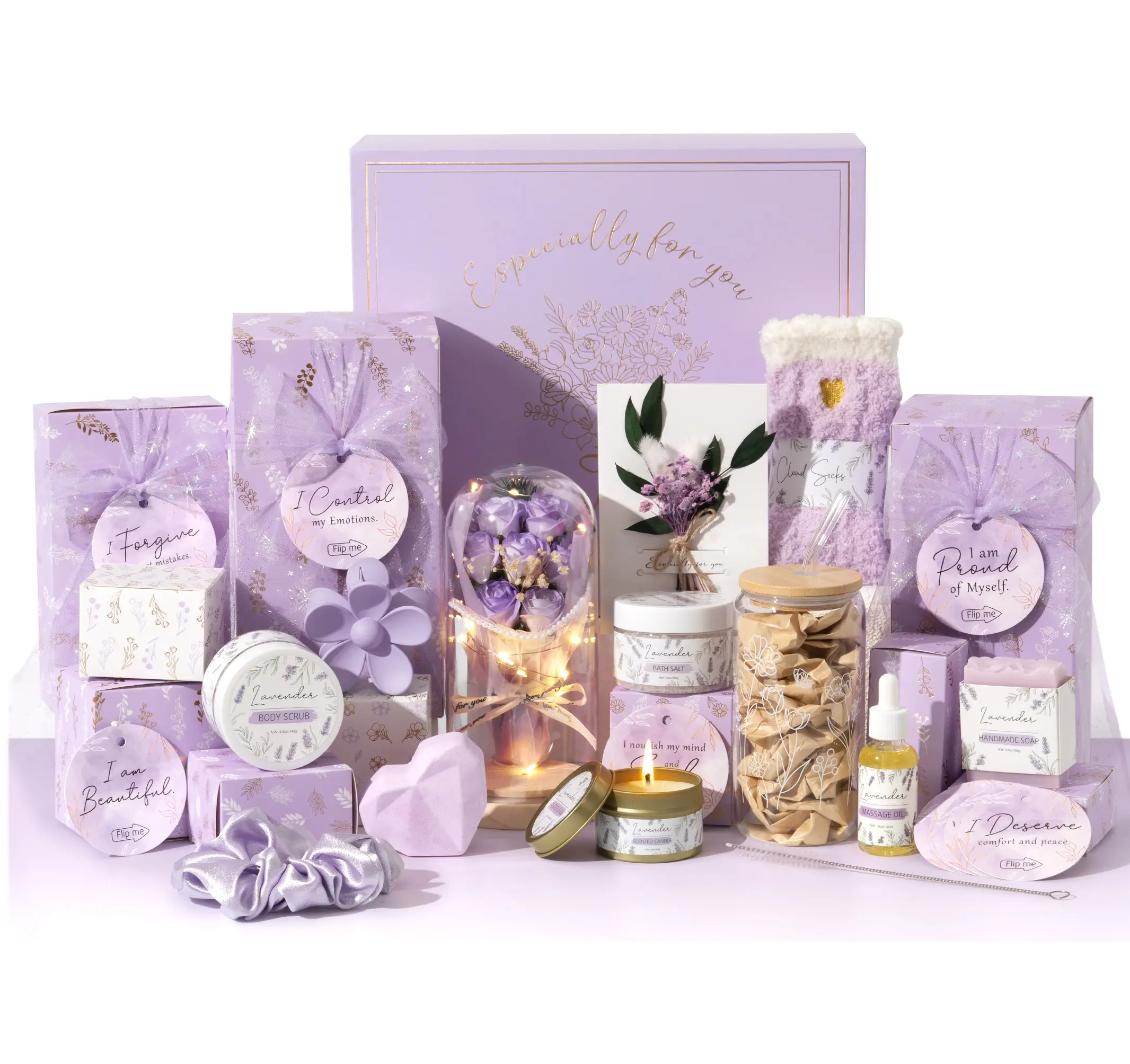 MAYICIVO Women's 10-PCS Self Care Bundle Box Gift Set - Festive Party Gift Basket with Glass Dome, Preserved Roses, Trendy Items, Empowering Challenge Task Cards for Mom