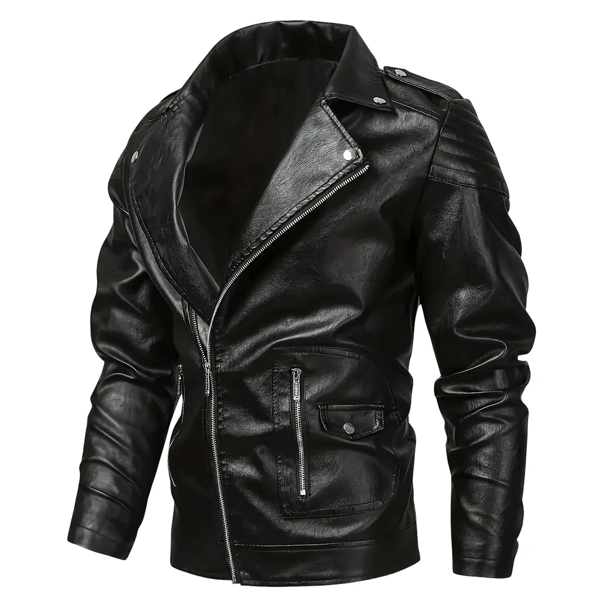 Men's Vintage Leather Moto Biker Jacket - Turn-Down Collar, Classic Full-Zip, Long-Sleeve Casual Outerwear for Everyday & Outdoor Use, Chic Streetwear