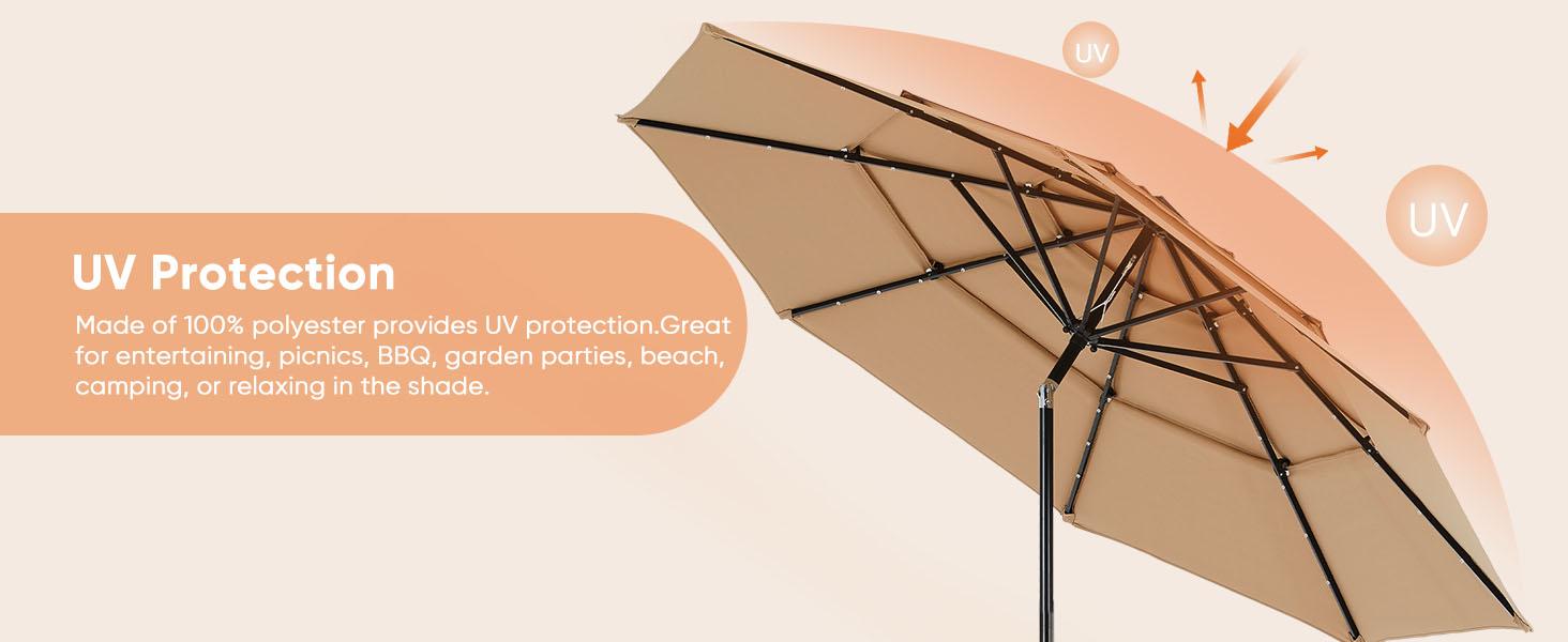 3-Tier Patio Outdoor Umbrella Solar 32 LED Lighted Table Market Umbrella with Tilt Adjustment Easy Crank for Garden Deck Backyard Pool and Beach