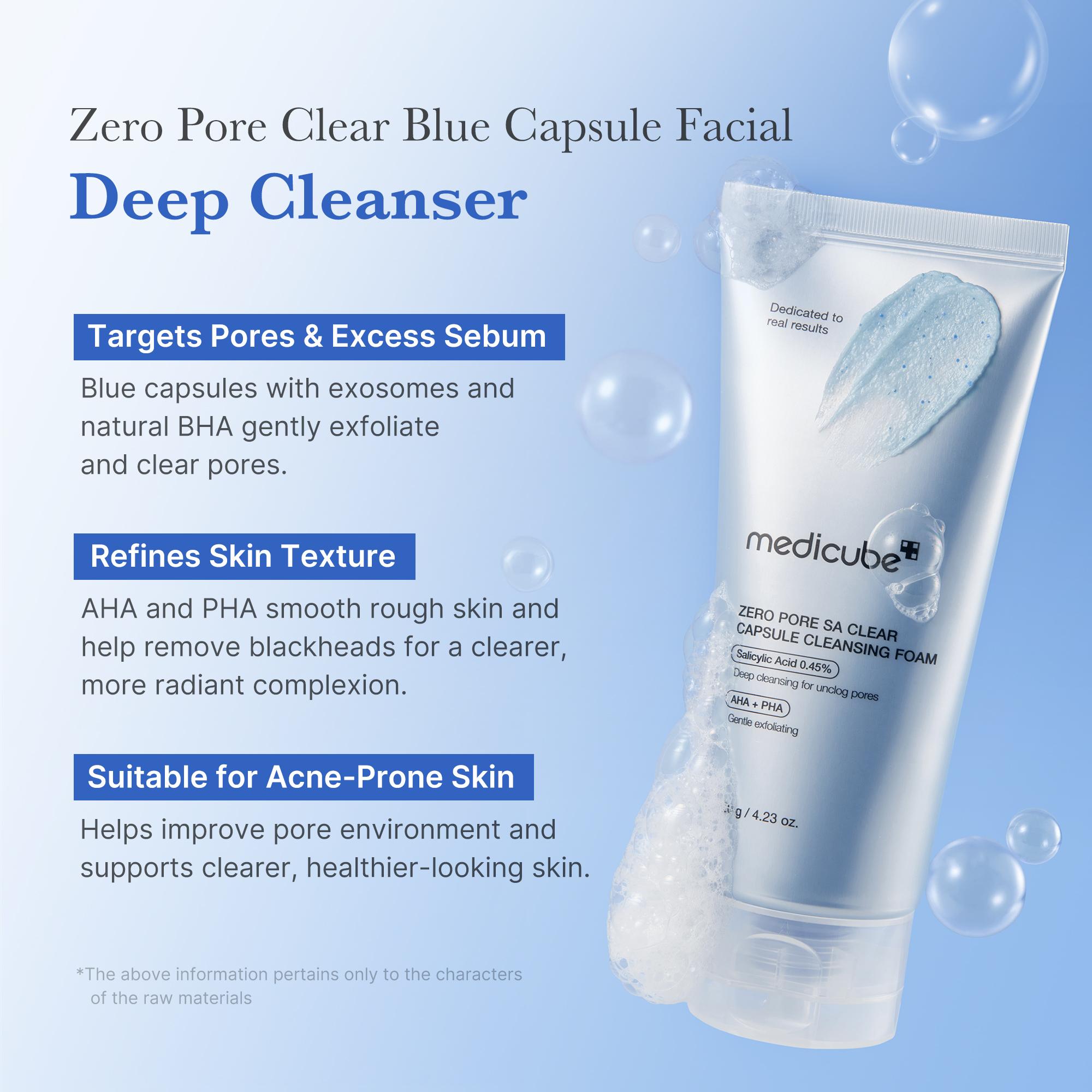 [medicube] Zero Pore Clear Blue Capsule Facial Cleanser for Skin Texture, Blackhead & Pore Care | AHA, BHA & PHA for Double Cleansing, Daily Gentle Face Wash, Korean Skincare | 120g / 4.23 oz