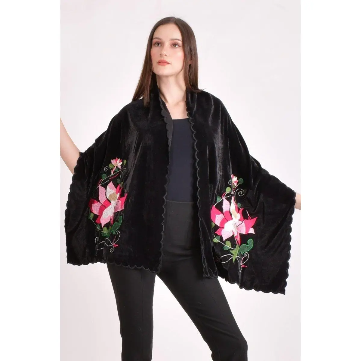 Black Hand Embroidered Velvet Scarf