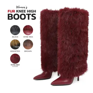 VIMISAOI Womens Fur Boots Knee High Pointed Toe Stiletto High Heel Side Zipper Fold Over Furry Fuzzy Wide Calf Comfortable Fashion Party Dress Fur Winter Boots Valentine Shoes
