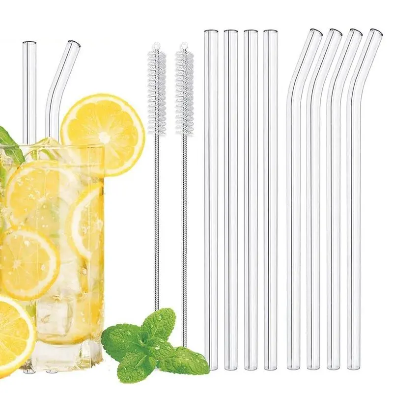 Clear Glass Straw Set, Glass Straw Drinkware Straw Combo, Drinking Straws, Including 4 Counts Straight Straw & 4 Counts Curved Straw & 2 Counts Cleaning Brush, Reusable Drinking Supplies for Home Office