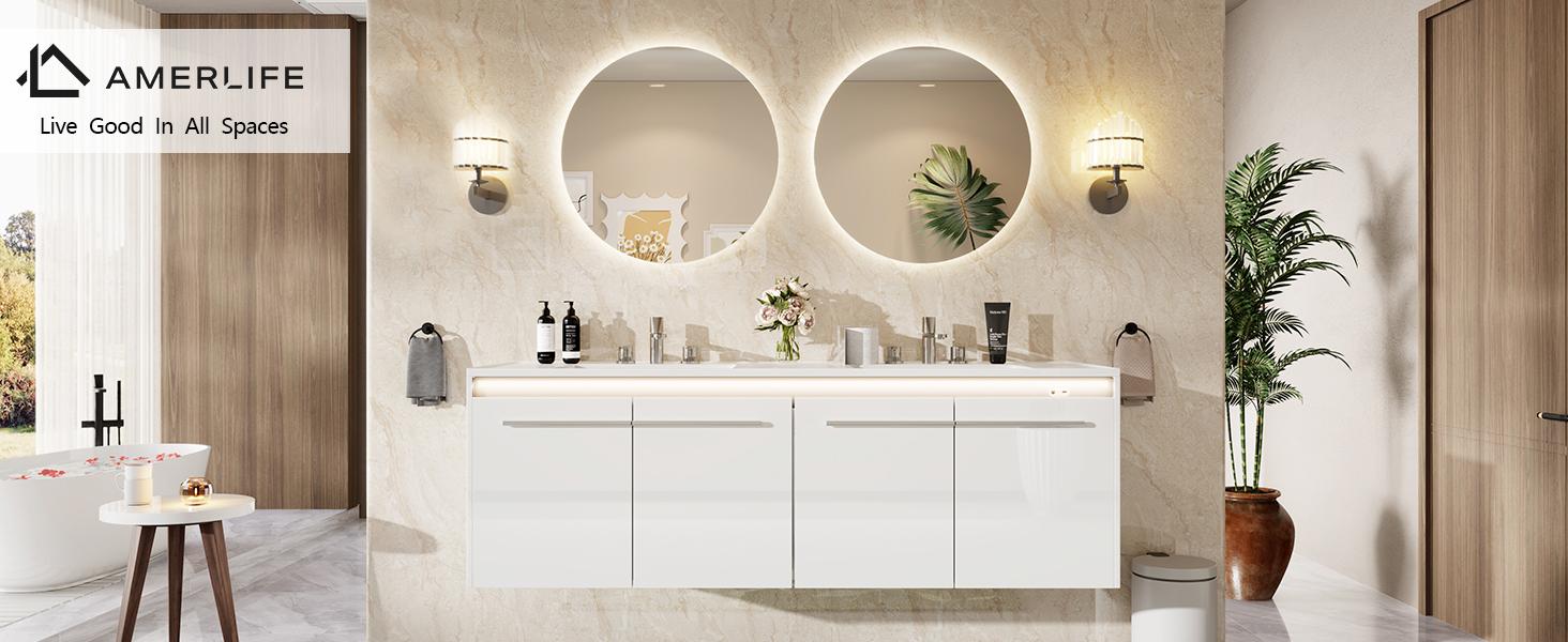 AMERLIFE 31"/60‘’LED Floating Bathroom Vanity with Sink, High Gloss Single Sink Wall Mounted Bathroom Storage Vanity Cabinet, Modern Bathroom Sink Cabinet with Metal Handles,Best Gift Ideas/Christmas Gifts