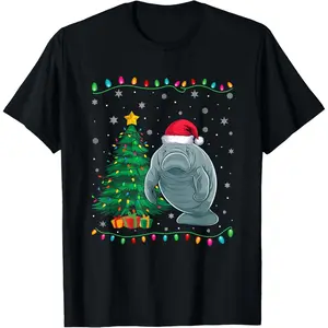 1 Piece Manatee in Santa Hat Christmas Tree Lights T-Shirt | 100% Cotton, Manatee+Light String Elements, Festive Style | Christmas Loungewear/Gatherings, All Ages | Breathable, Comfortable, Washable, Shape-Retaining, Stylish