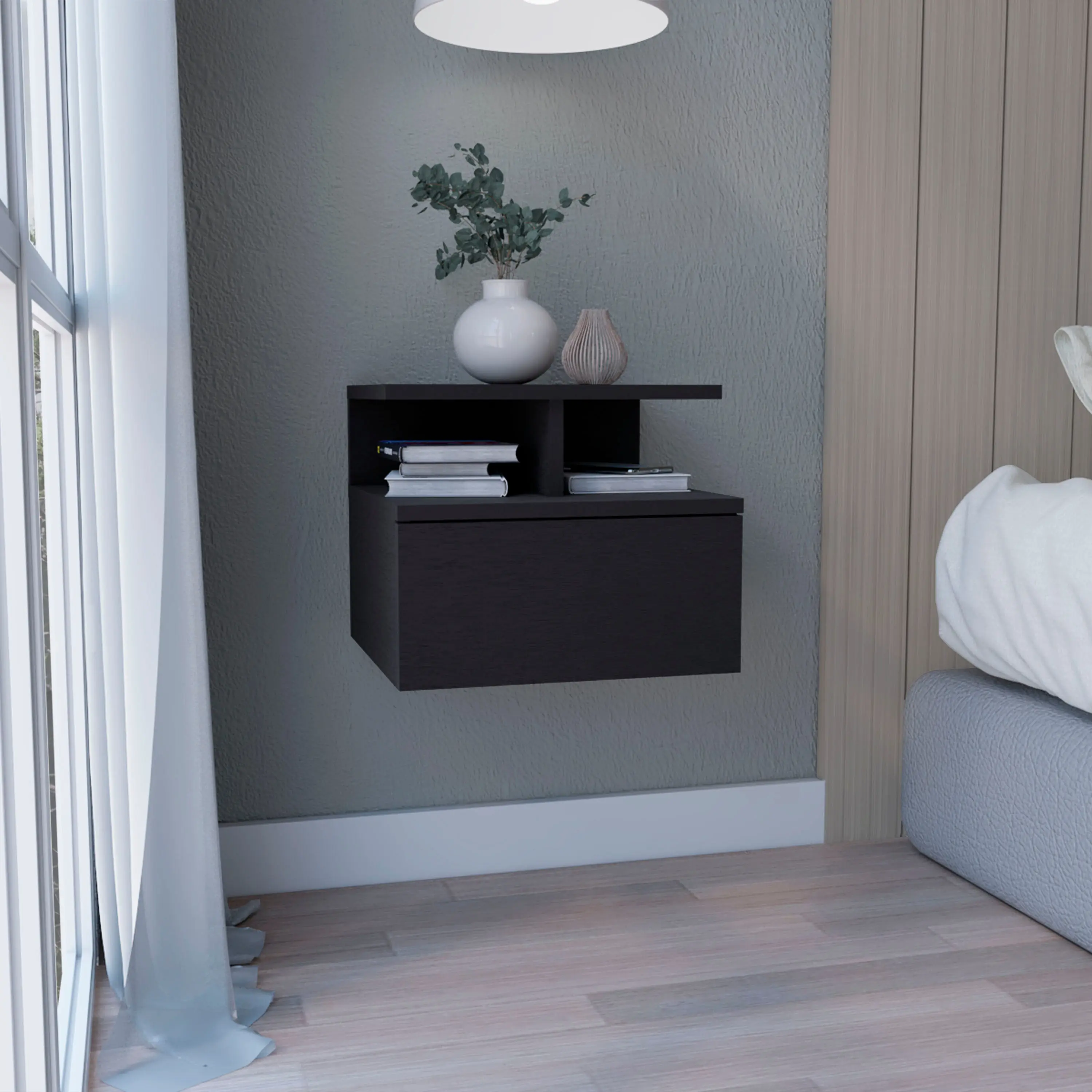 Dreamzon furniture Floating Nightstand 12"H, Wall Mounted with Single Drawer and 2-Tier Shelf, Black
