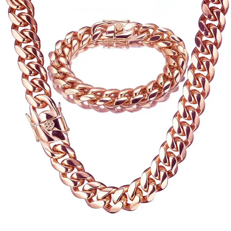 Men's 14mm Rose Gold Miami Cuban Chain - Titanium Steel Stainless Steel Thick Close-Link Hip Hop Necklace width Durable Fashion Accessory Heavyweight Gold Plated