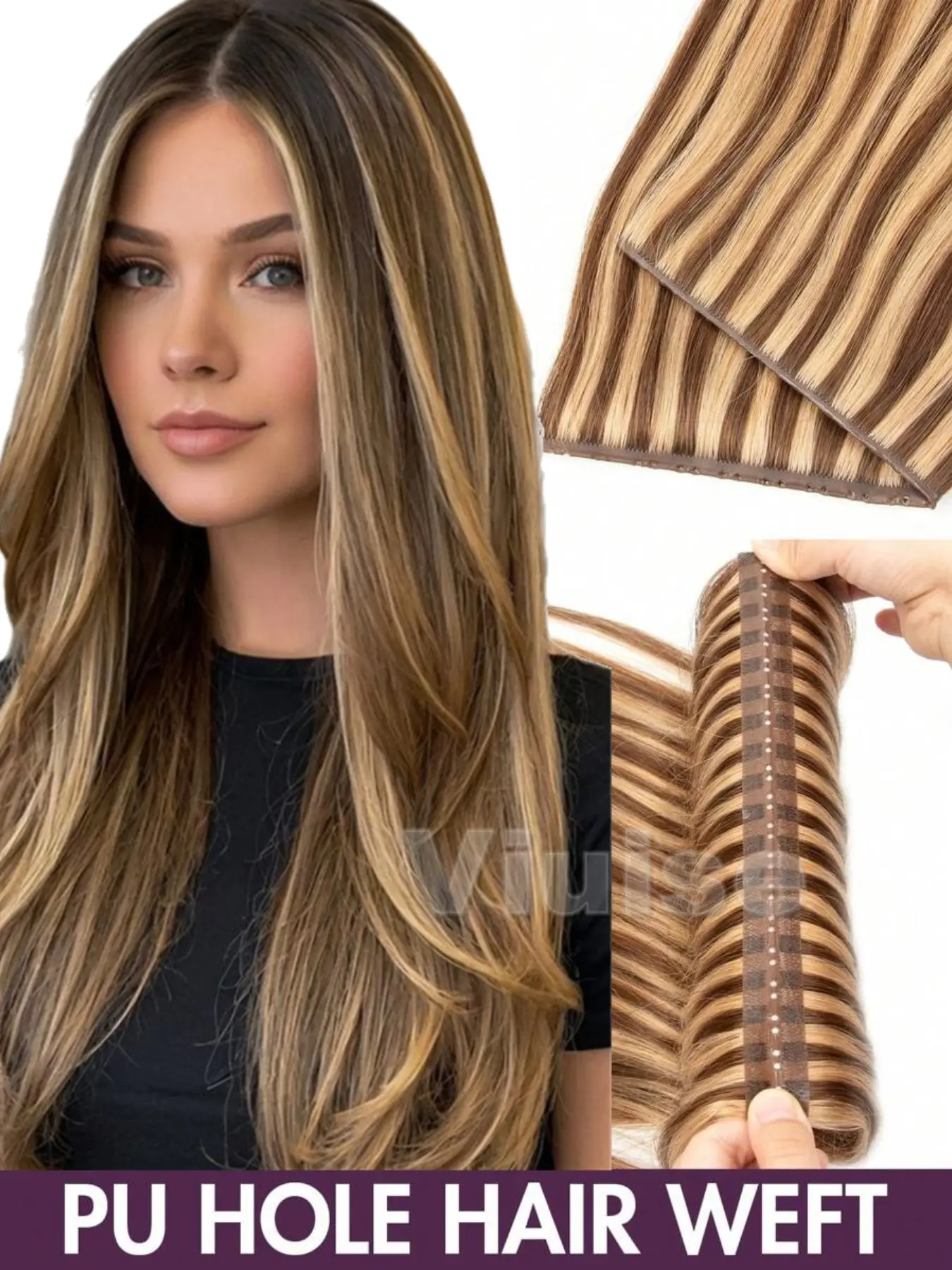 Double Side Hole Hair Weft, Invisible PU Material, Nano Micro Bead Installation, 12/16 Inch & 20 Inch Sizes, 40g/50g Weight Options