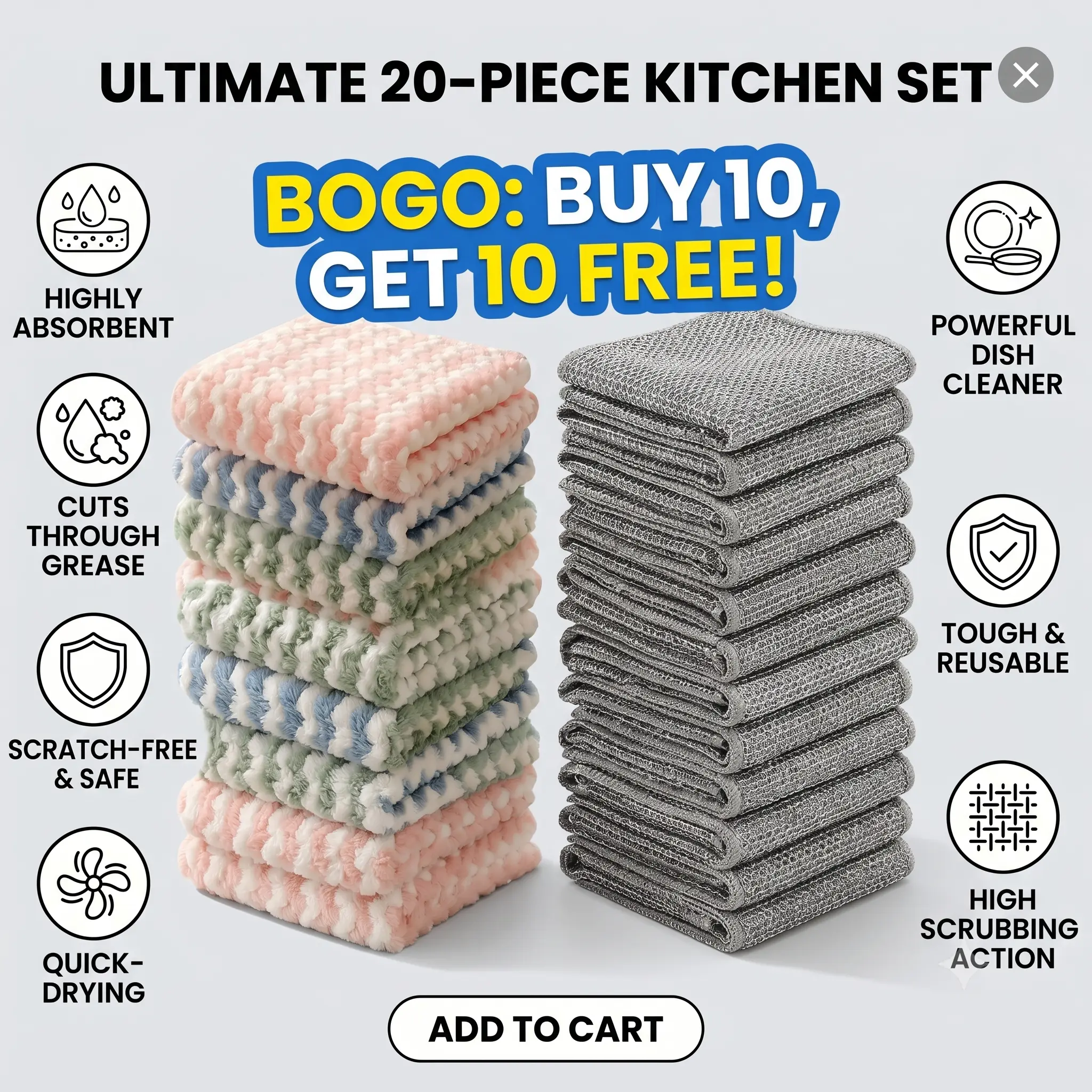 Buy 10 Get 10 Free | 20 Pack Total Non-Scratch Steel Wire Cleaning Rags + Absorbent Coral Fleece Microfiber Dish Cloths for Kitchen Home Cleaning ：