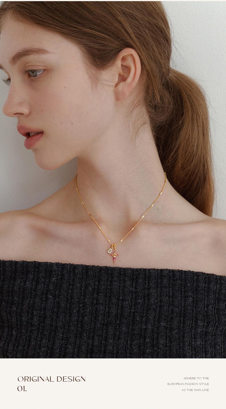 FetteroGold Plated Cross Necklace with Pink Sapphire and Crystal Charms - Twisted Rope Chain Pendant Necklace for Women