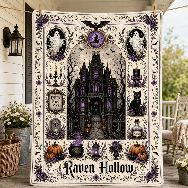 Victorian Gothic Haunted House Quilt Blanket, Personalized Purple Ghost Witch Black Cat Halloween Bed Throw, Ghost Gift for Spooky Home Flannel Soft Throw Gift Decor Throw, Retro , Gift Blanket  Decor Christmas and Halloween and Birthday