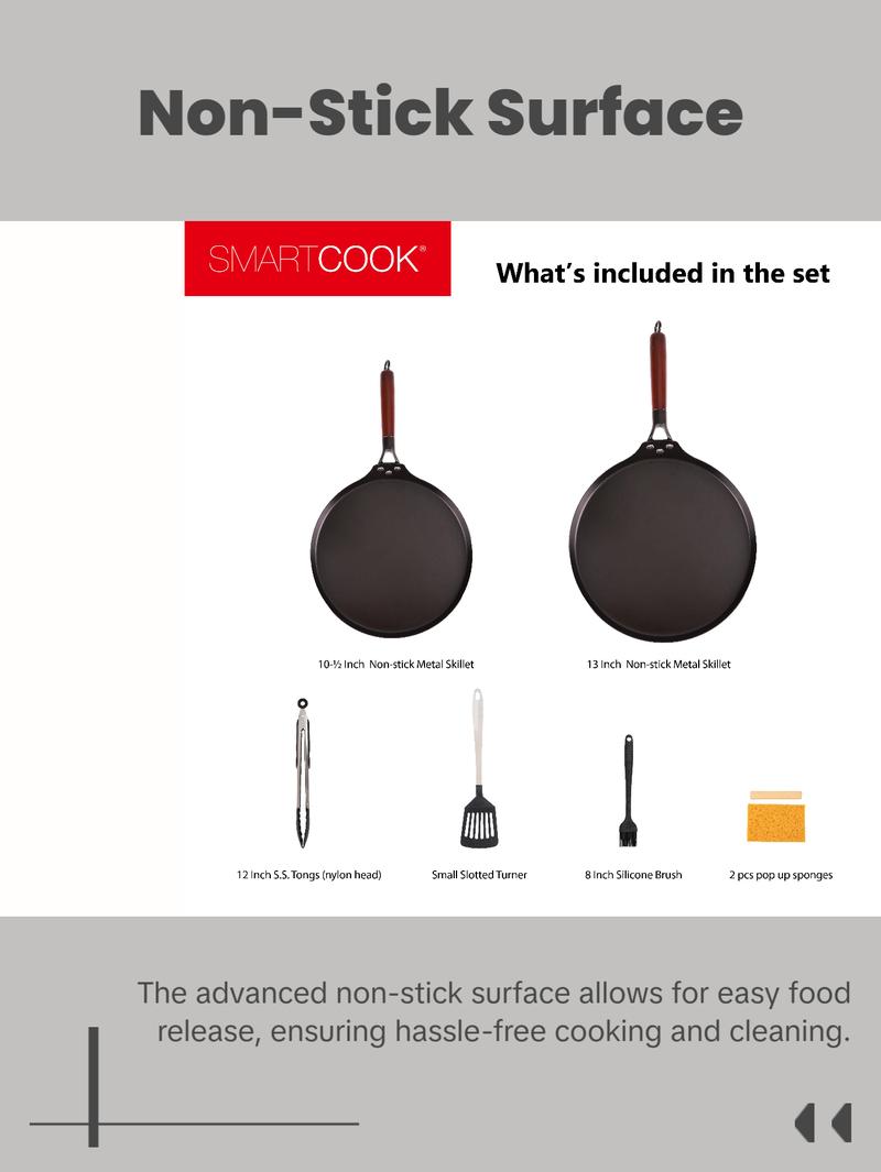 SmartCook 10", 13" Nonstick Carbon Steel Skillets and Utensils set , Durable, Foodi, Perfect for Stove-Tops, Non-Toxic Cookware Set, Griddle with Handle, Omelet Pan, Comal for Tortillas, Crepe Pan pots and Metal Silicone Induction Wood