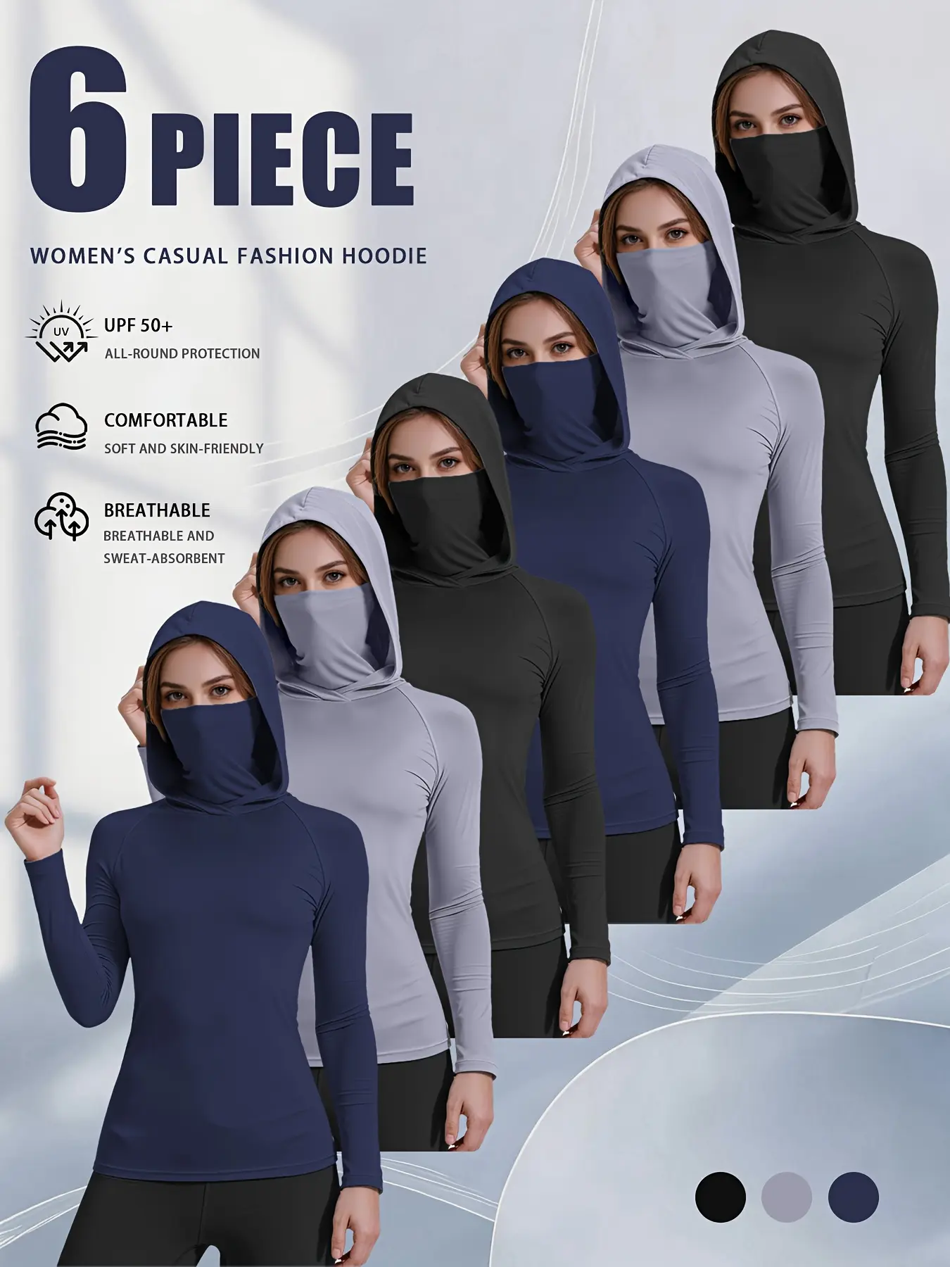 Women's 6-Pack UPF 50+ Polyester Long-Sleeve Sun Protection Hoodie Tops - Cooling Athletic Fit Shirts with Built-in Face Mask, Multi-Size for Outdoor Running/Hiking