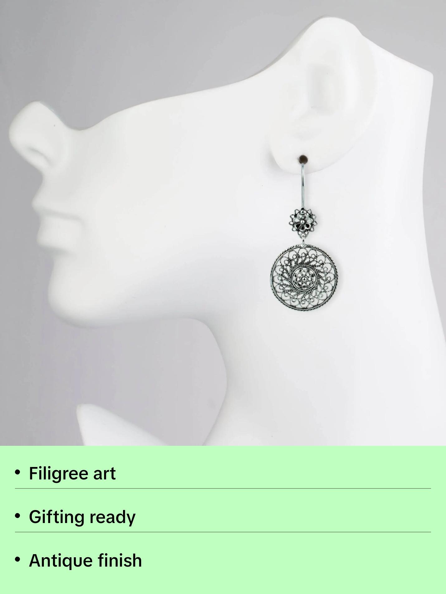 Filigree Art Spiral Flower Figured Women Sterling Silver Dangle Drop Earrings