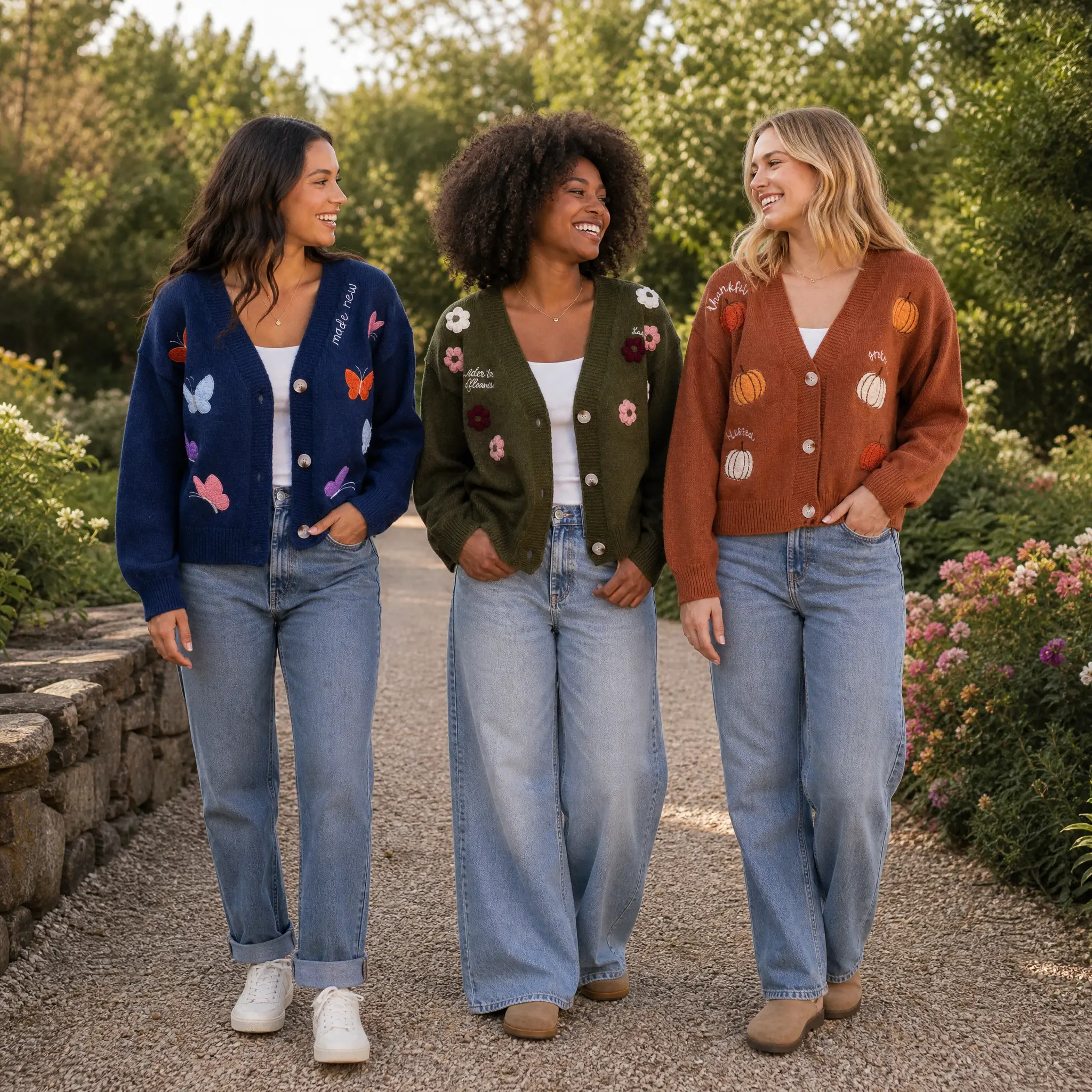 Love in Faith Women's Embroidered Fit V-Neck Long Sleeve Cardigan Top - Soft Nature Inspired Floral Knit, Ribbed Polyester Balloon Sleeves, Cozy Nature Inspired Women's Cardigans