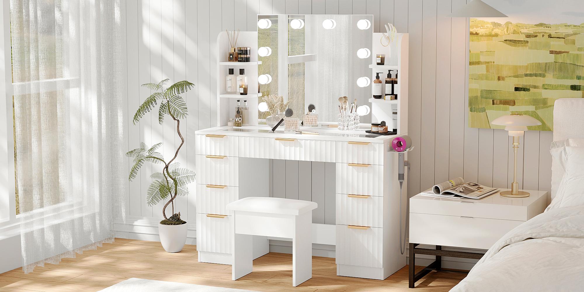 VOWNER Modern Vanity Desk with Mirror and Lights Makeup Vanity Desk with Drawers and Storage Shelves & Power Outlet Hair Dryer Rack Dressing Table with Glass Top