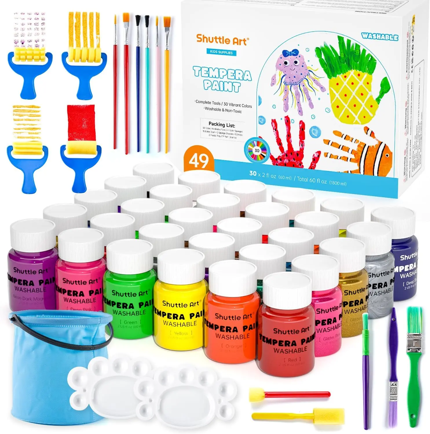Shuttle Art Tempera Paint, 30 Colors (2 fl oz) Washable Paint with Glitter Metallic Neon Colors, Non-toxic Finger Painting for Beginners