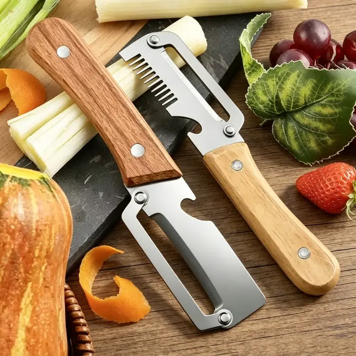 2PCS Multi-Function Kitchen Tool with Wooden Handle, 2 in 1 Stainless Steel Blade Vegetable Peeler for Peeling &Opening Bottles, Durable Kitchen Gadget Gift for Women & Men