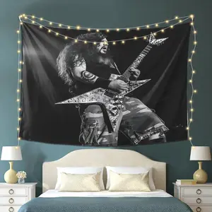 Dimebag Darrell Guitarist Tapestry - Vibrant Black & White Print with String Lights, Modern Wall Hanging for Home, Office, or Party Decor - High-Quality Peachskin Velvet, Music Room Decor Tapestry Bedroom Decoration