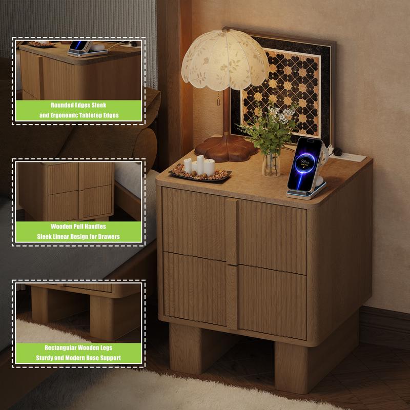 Modern Fluted Nightstand Set of 2 with Charging Station, 22" Tall Whitewashed Oak End Tables with 2 Spacious Drawers & Reinforced Wide Legs, Bedside Storage for Bedroom & Living Room