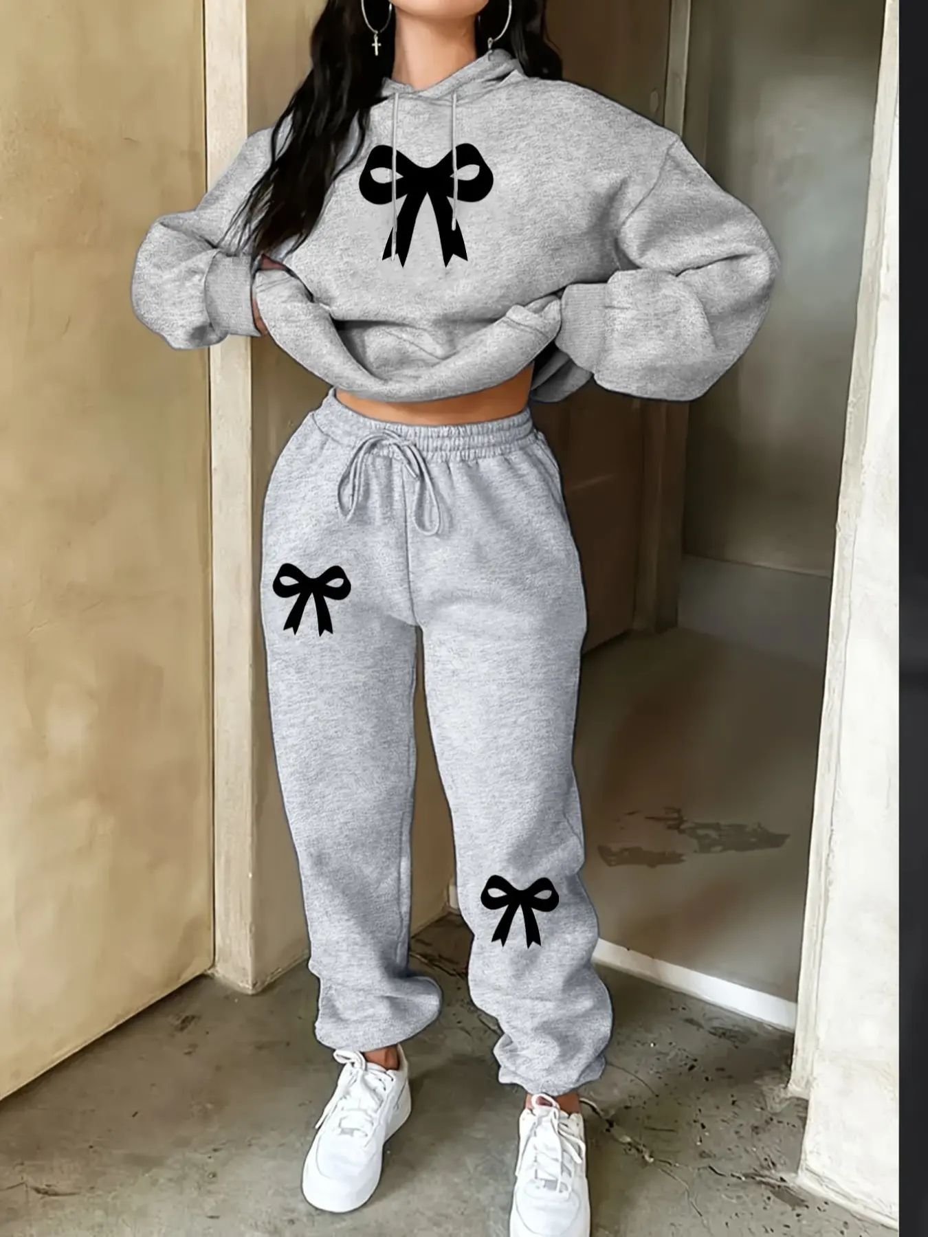 🔥Black Bow Graphic Hoodie & Joggers Matching Fitted Set | Gray Casual Streetwear Loungewear with Girly Print | Trendy Outfit for Y2K Fans & Comfort Seekers | Cozy & Stylish Womenswear Clothes