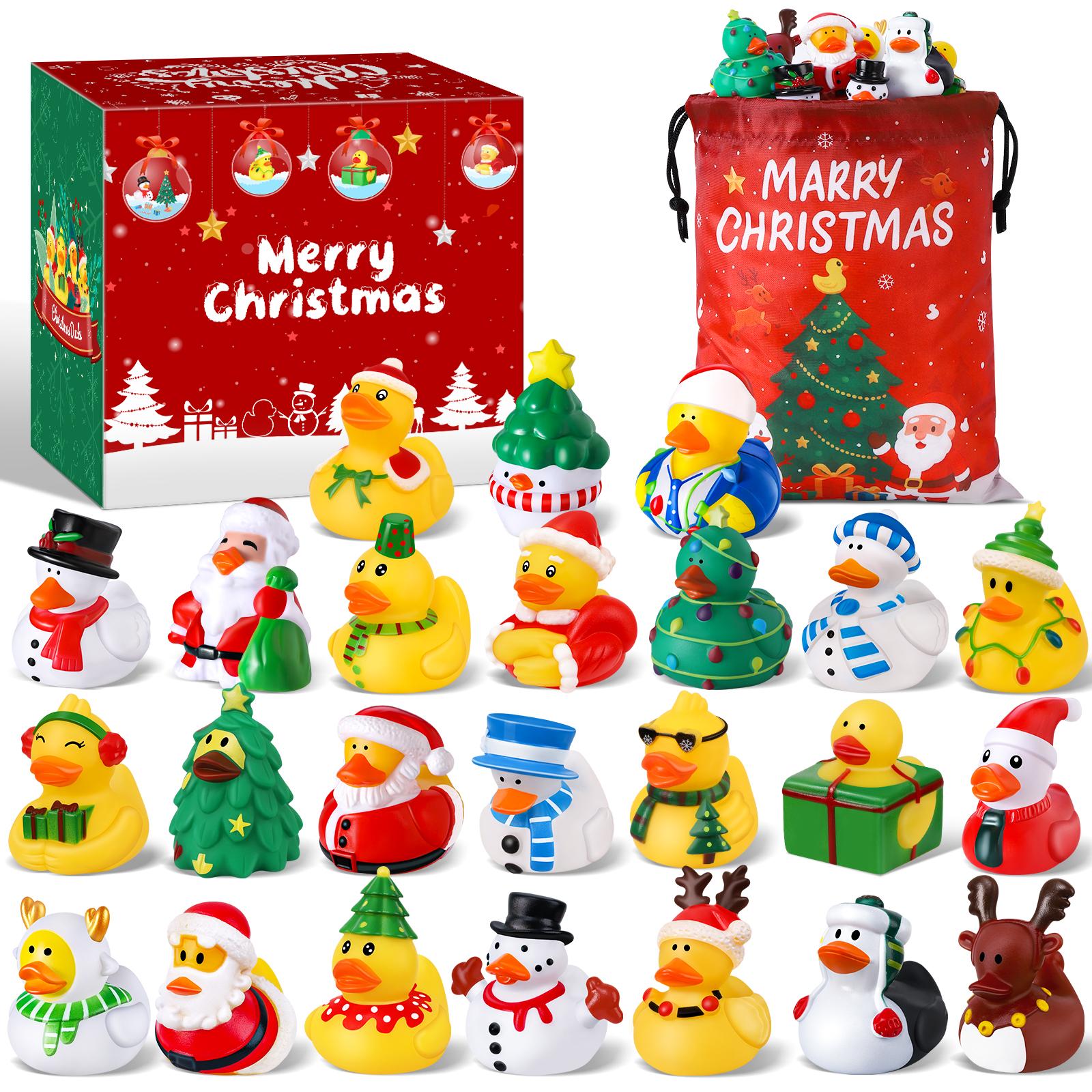24 Pcs Christmas Rubber Ducks with Bag， 3.5 Inch Ducks for Ducking, Bath Toy Christmas Party Favors Gifts，Kids Goodie Bag Fillers Jeep Ducks for Girls Boys