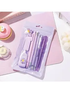 7 Pcs Cute Purple Stationery Set Kawaii School Supplies Office Kit, Including Ballpoint Pen, Pencil, Highlighter, Correction Tape, Ruler, Utility Knife