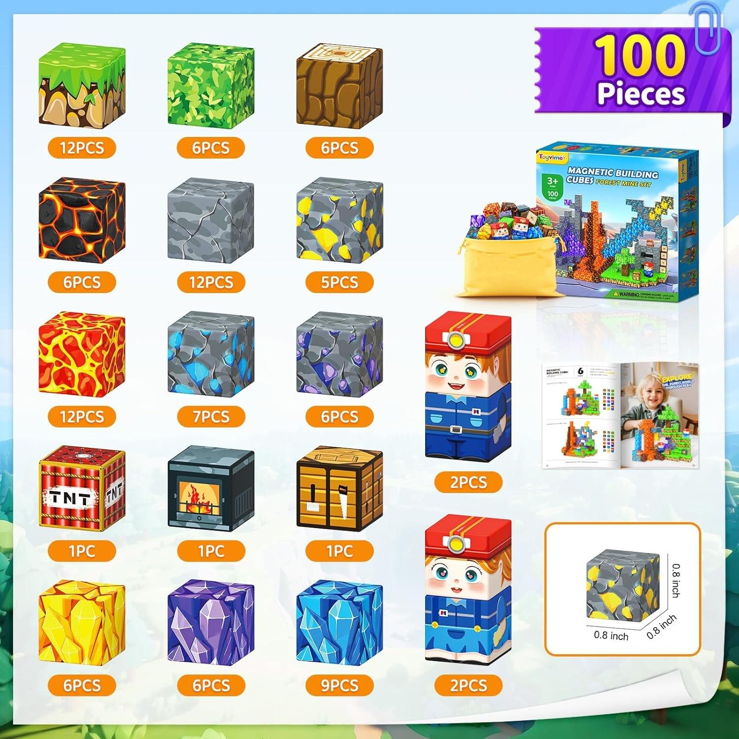 100PCS Magnetic Building Blocks STEM Sensory Games Toys Mine Magnet World Birthday Couple Christmas Gifts for Kids Creative Play