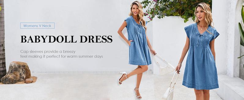 Imily Bela Womens Denim Mini Dress Casual Summer Cap Sleeve Tie V Neck Loose Babydoll Jean Dresses