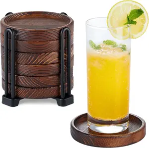 6Pcs Wooden Coasters for Drink-Acacia Wood Drink Coasters Set with Holder for Coffee Table Decor
