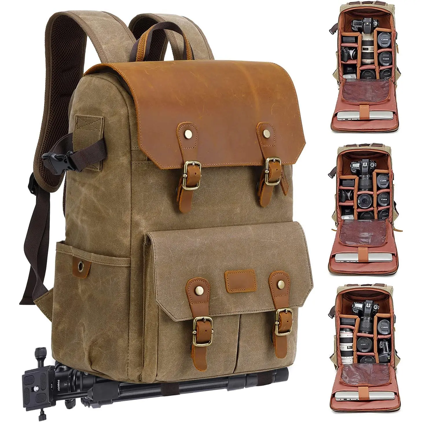 Camera Backpack - Weather Resistant 16 Ounces Waxed Memory Canvas - DSLR SLR Backpacks with 15.6" laptop sleeve compartment and Tripod Holder for Photographers - leather Style (Khaki)