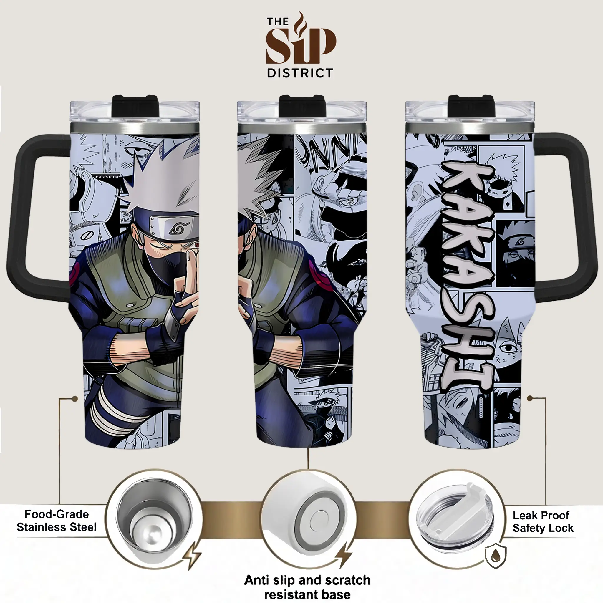 The Sip District.  Kakashi Hatake 20oz 30oz 40oz Handle Tumbler – Hidden Leaf Ninja Stainless Steel Travel Mug, Copy Ninja Inspired Cup, Double Wall Thermal Drinkware, Large Iced Coffee Tumbler, Otaku Gift for Anime Fans