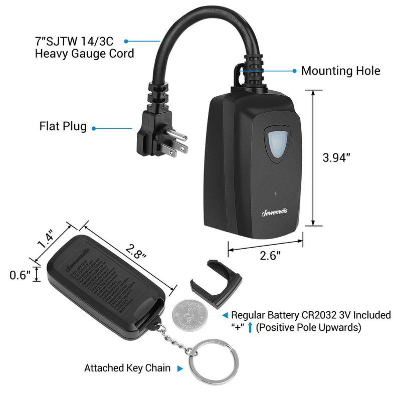 DEWENWILS Waterproof 100ft Programmable Wireless Remote Control Outlet kit (2 Remotes + 1 Outlet)--HRS201F